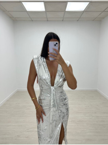 VESTIDO MIDI ESCOTE V METALIZADO